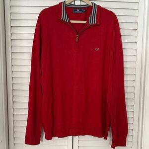 Vineyard Vines Men's Red Half-Zip Sweater with Striped Collar